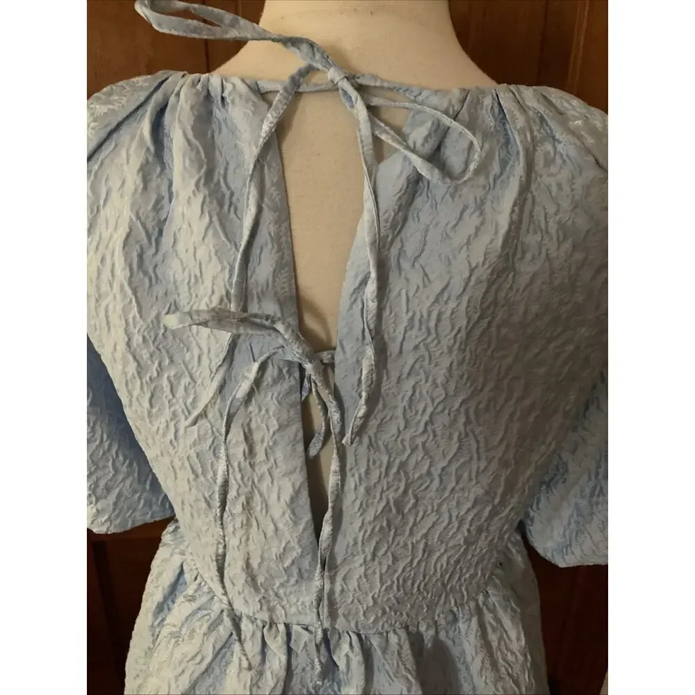 Tuckernuck Hyacinth House Julia Top Sz S Blue Puff Sleeve Jacquard Blouse Preppy